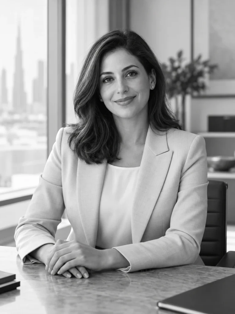 Business consultant seated at a desk with a Dubai skyline behind her